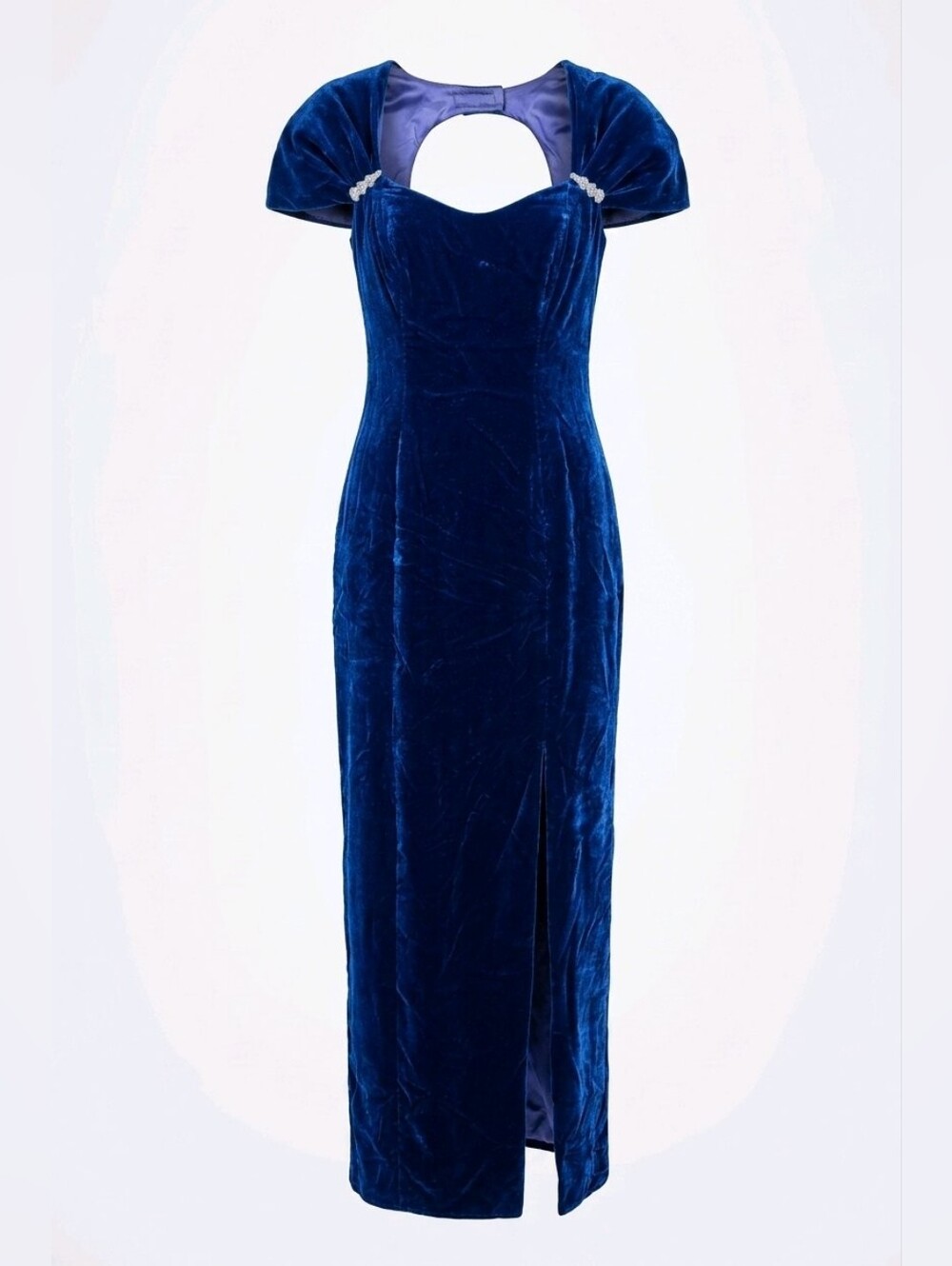 Vintage ILGWU Blue Velvet Sweetheart Maxi Gown with Crystal Accents Sz 8 1025